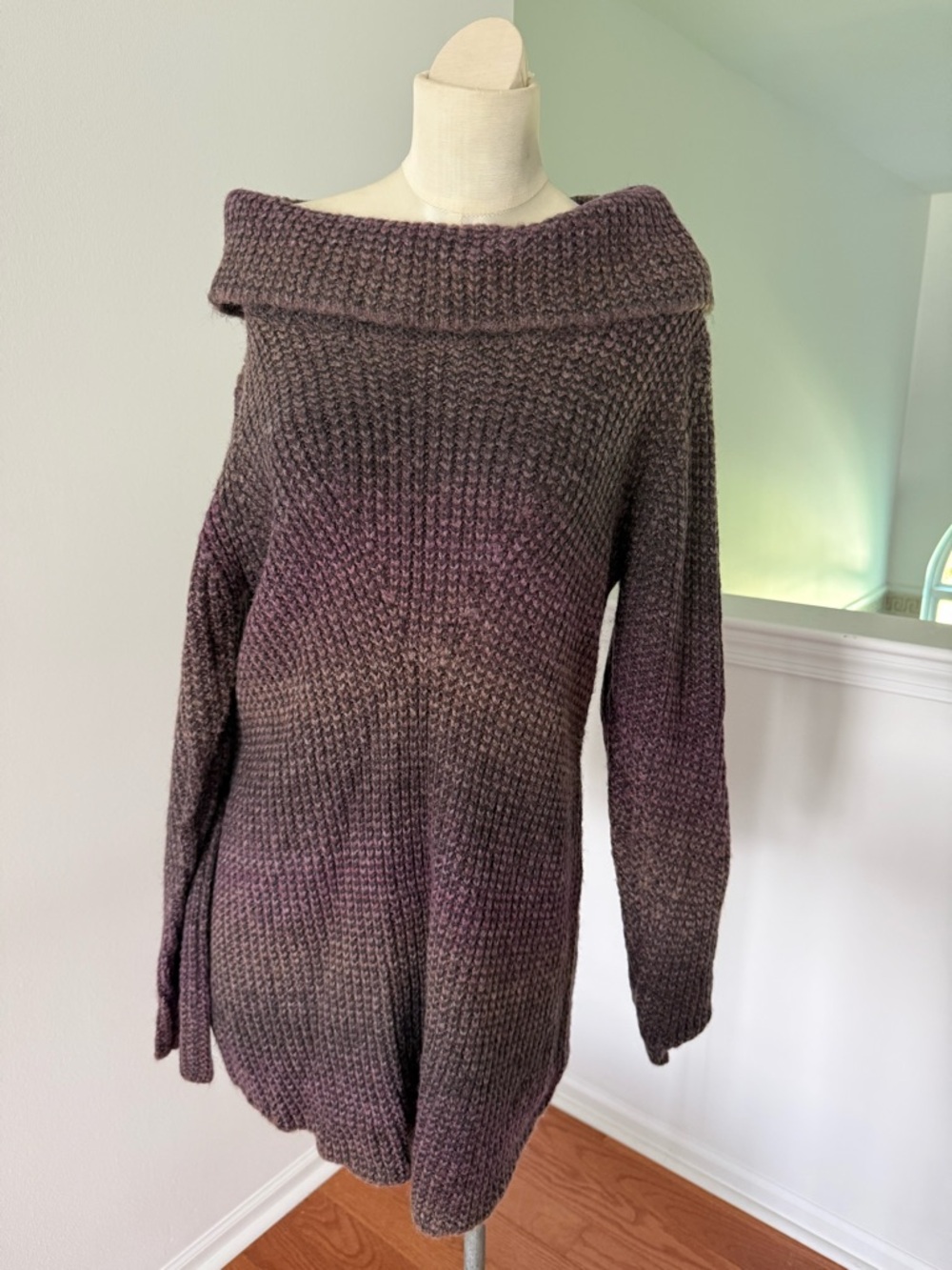 Prana Off-Shoulder Gradient Knit Sweater in Plum and Taupe